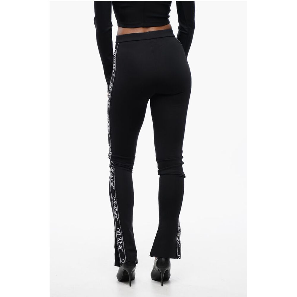 Solid Color Leggings with Side Logoed Band and Ankle Slit
