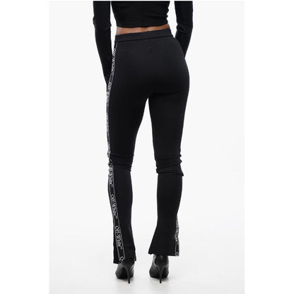 Solid Color Leggings with Side Logoed Band and Ankle Slit