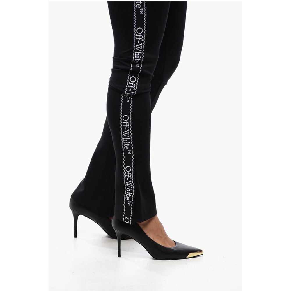 Solid Color Leggings with Side Logoed Band and Ankle Slit