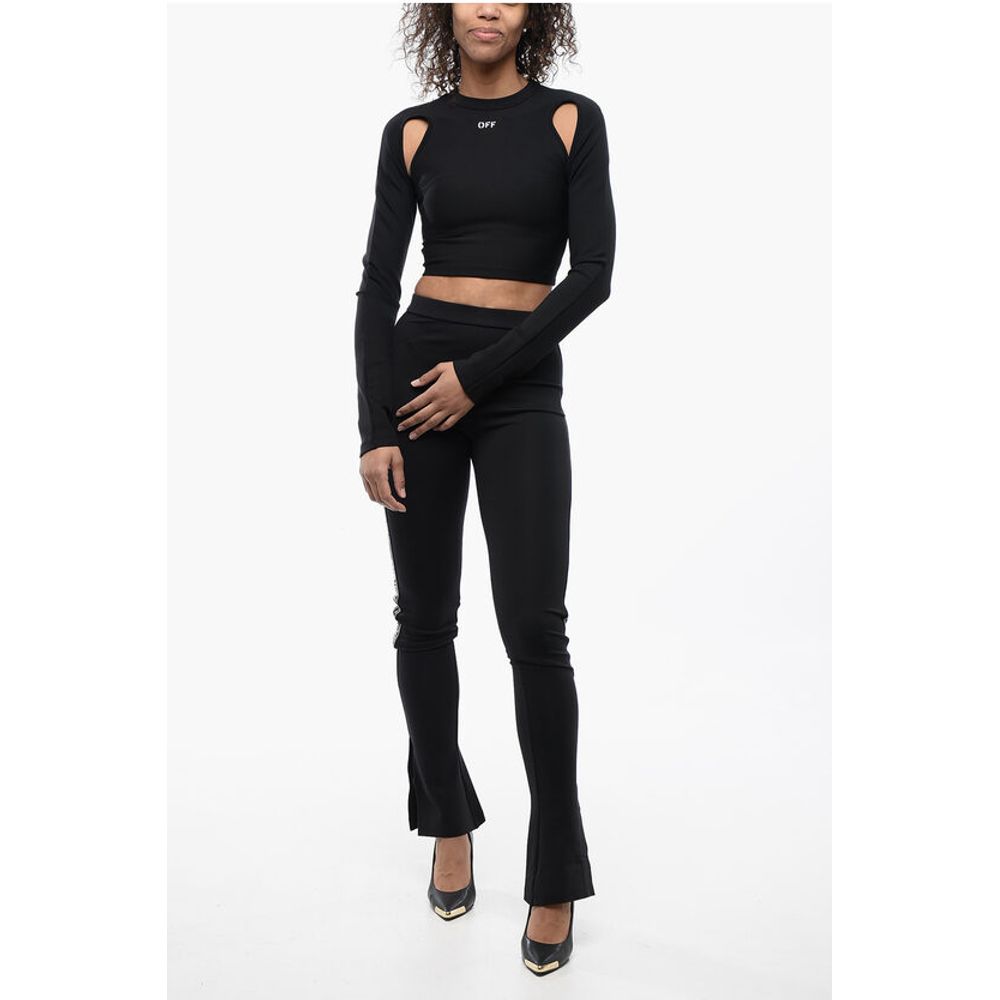 Solid Color Leggings with Side Logoed Band and Ankle Slit