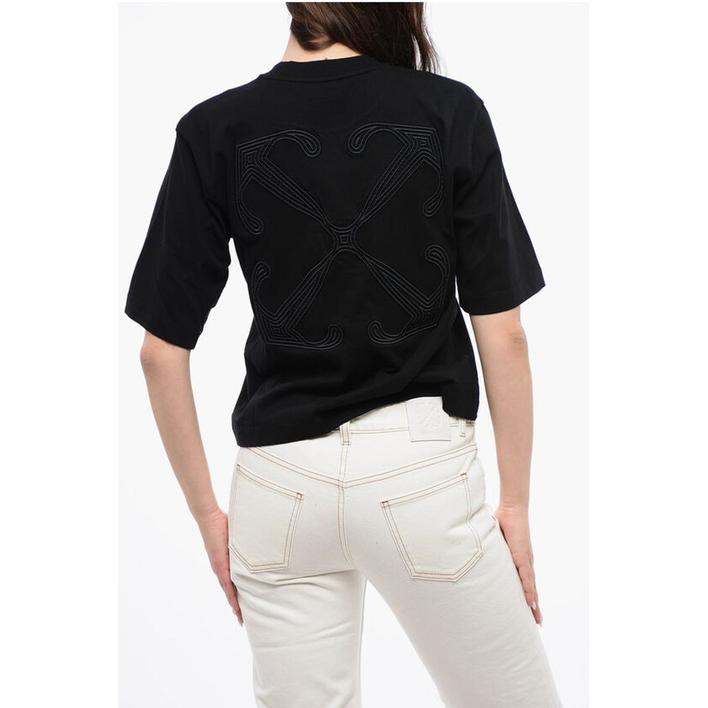 Cropped Crew-neck T-shirt with Bck Maxi Embroidery