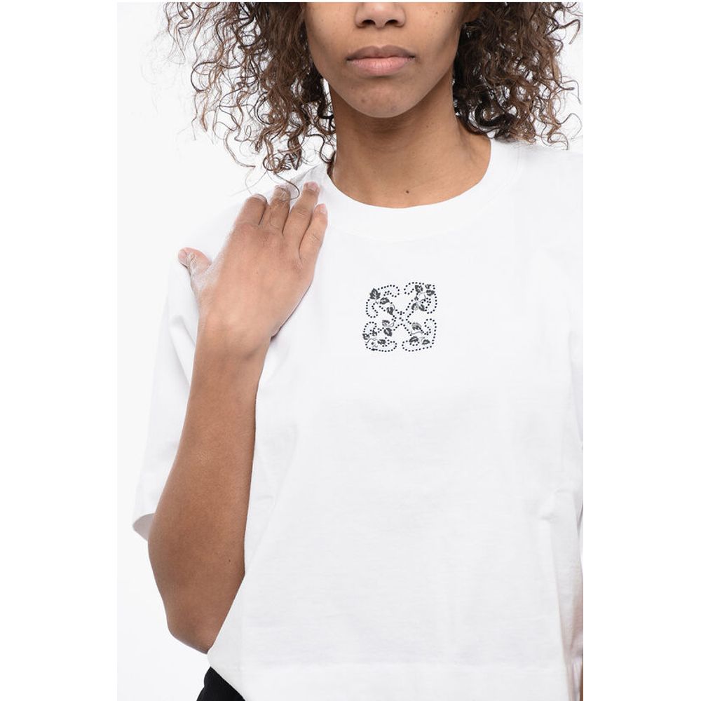 Crew-neck Crop T-Shirt with Rhinestones Embellished Logo