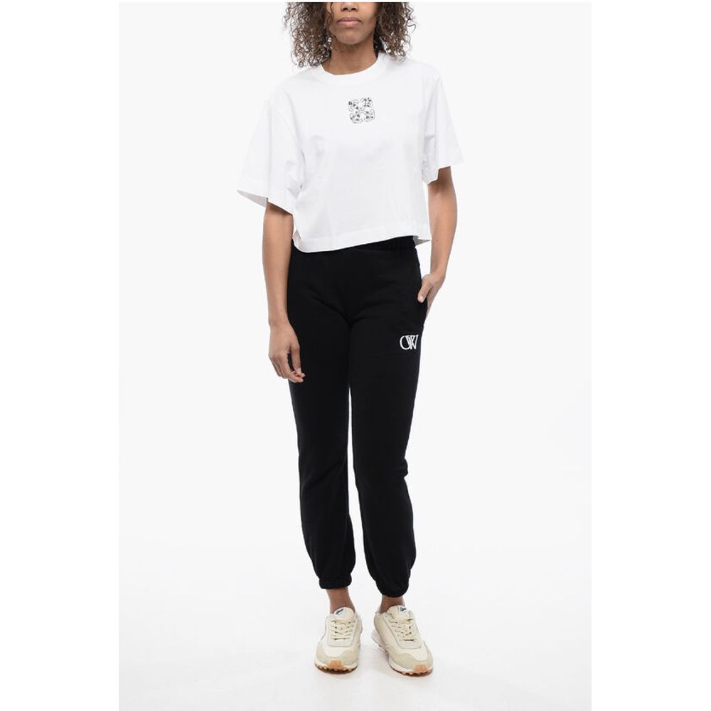 Crew-neck Crop T-Shirt with Rhinestones Embellished Logo