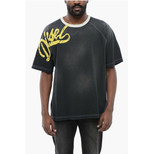 Faded Effect T-ROXT-SLITS Crew-neck T-Shirt with Flocked Log