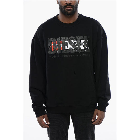 Solid Color S-NABEL-M Crew-neck Sweatshirt with Cracked Effe