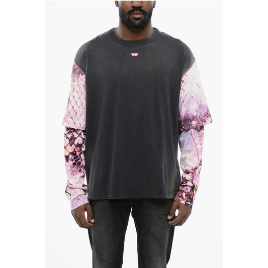 Oversized T-WESHER-N5 T-Shirt with Patterned Double-Layer Sl