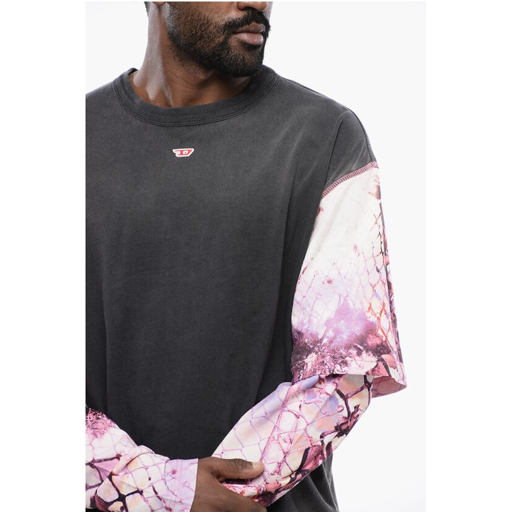 Oversized T-WESHER-N5 T-Shirt with Patterned Double-Layer Sl