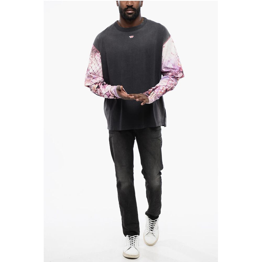Oversized T-WESHER-N5 T-Shirt with Patterned Double-Layer Sl