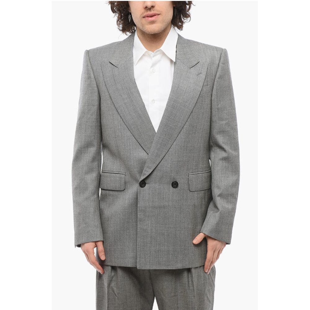 Double-breasted Twill Wool Blazer with Flap Pockets
