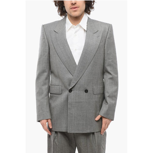 Double-breasted Twill Wool Blazer with Flap Pockets