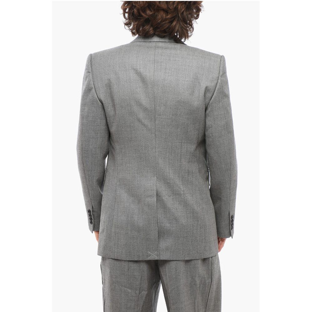 Double-breasted Twill Wool Blazer with Flap Pockets