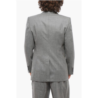 Double-breasted Twill Wool Blazer with Flap Pockets