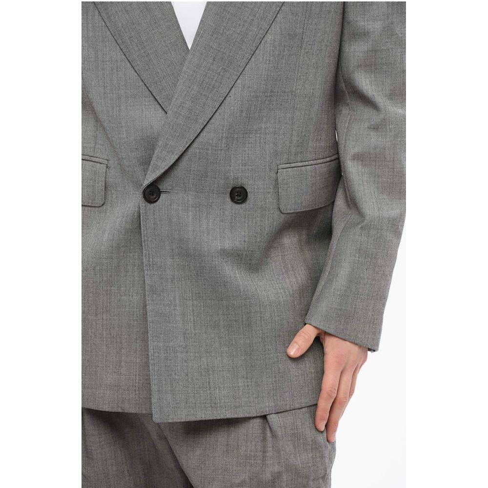 Double-breasted Twill Wool Blazer with Flap Pockets
