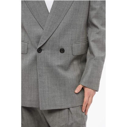 Double-breasted Twill Wool Blazer with Flap Pockets