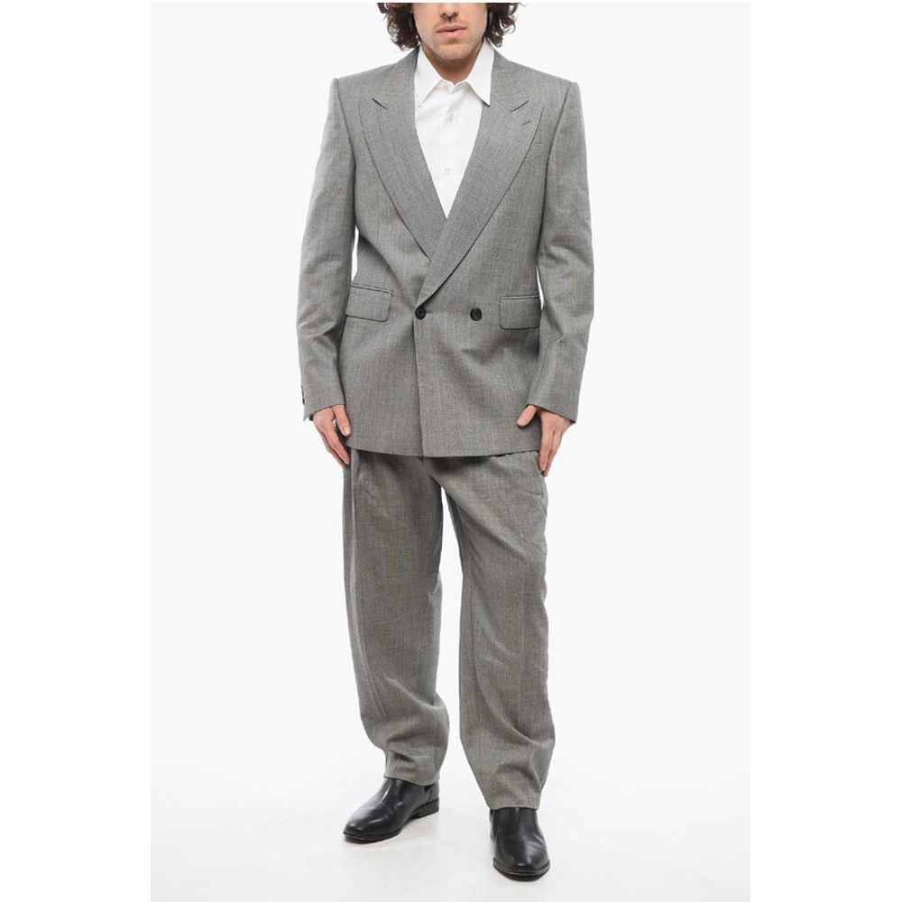 Double-breasted Twill Wool Blazer with Flap Pockets