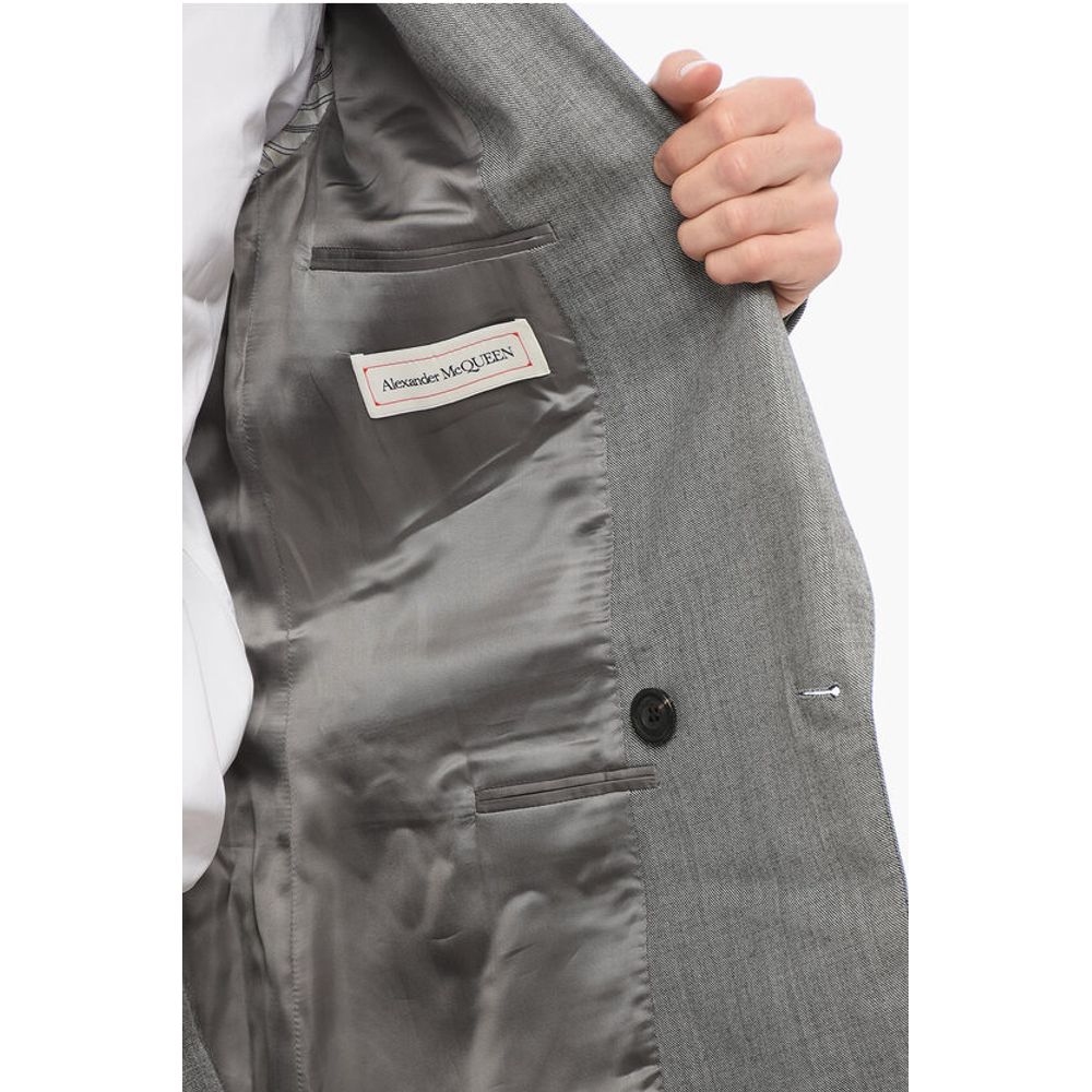 Double-breasted Twill Wool Blazer with Flap Pockets