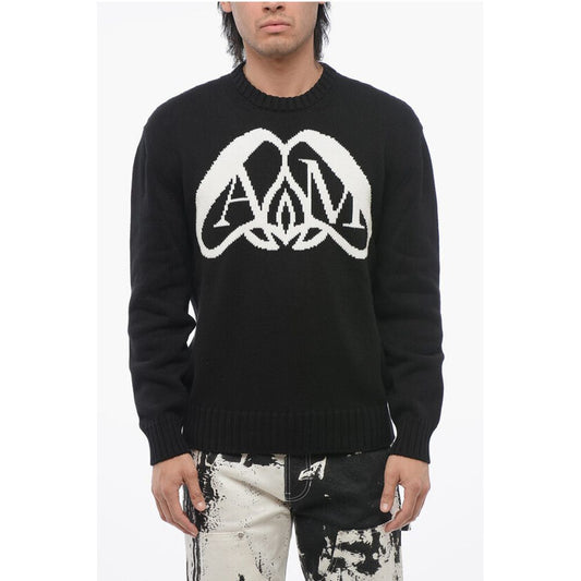 Crew Neck Cotton Pullover with Jacquard Logo