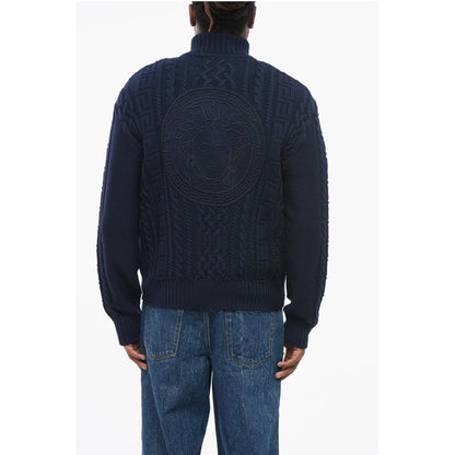 Virgin Wool Zip-up Pullover with Cable Knit Design