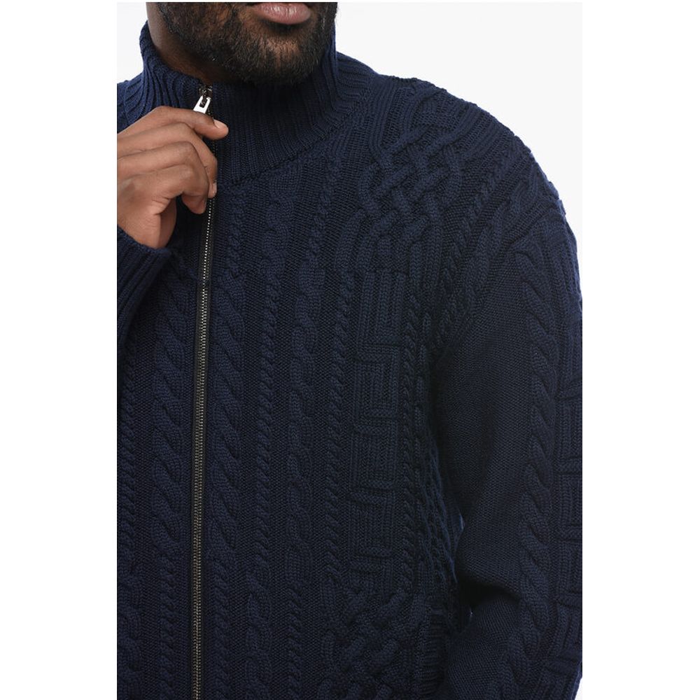 Virgin Wool Zip-up Pullover with Cable Knit Design