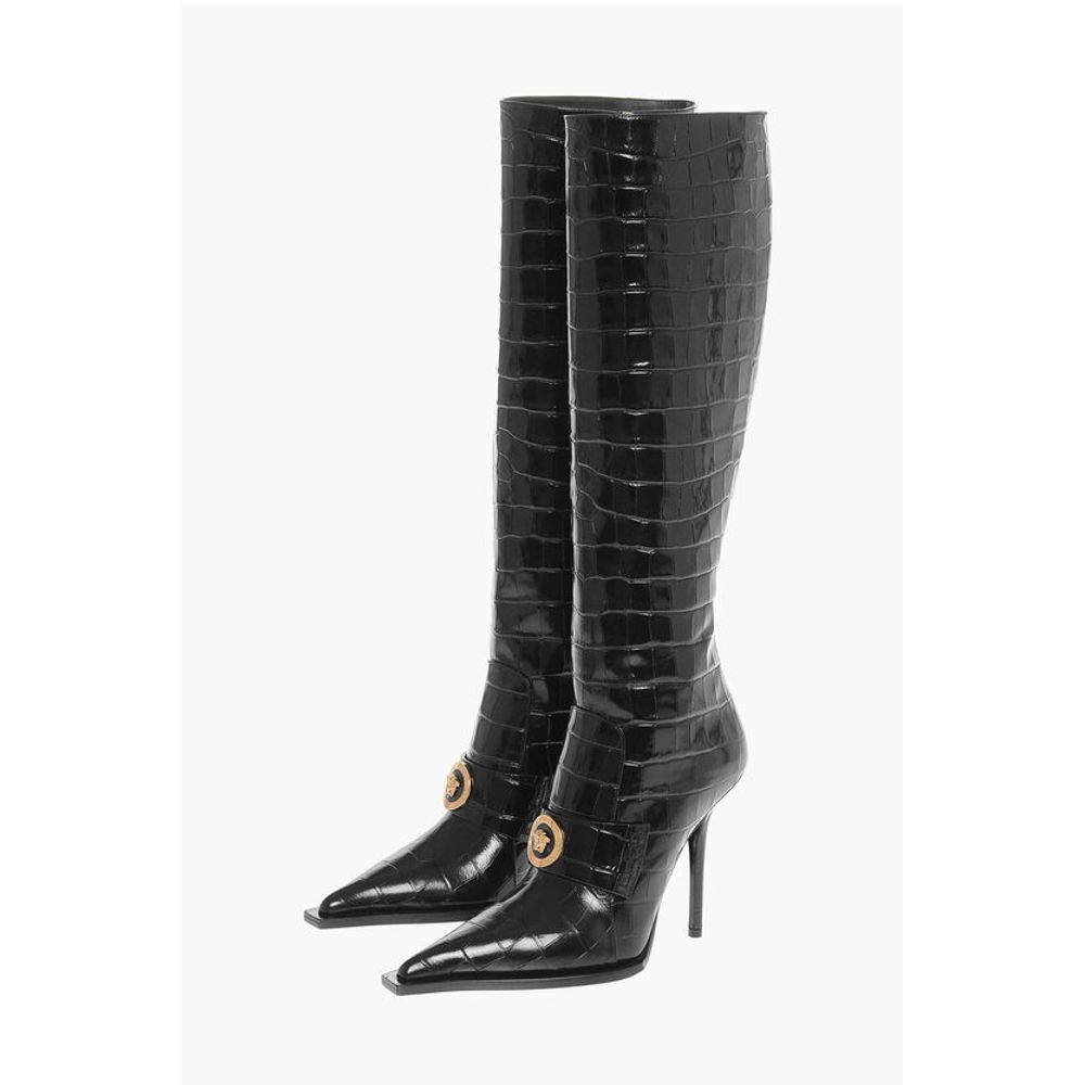 Crocodile Effect Printed Leather Under the Knee Boots 11cm
