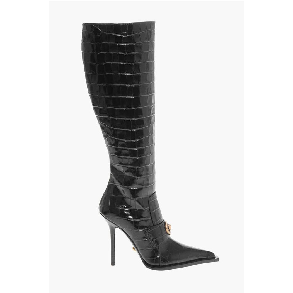 Crocodile Effect Printed Leather Under the Knee Boots 11cm