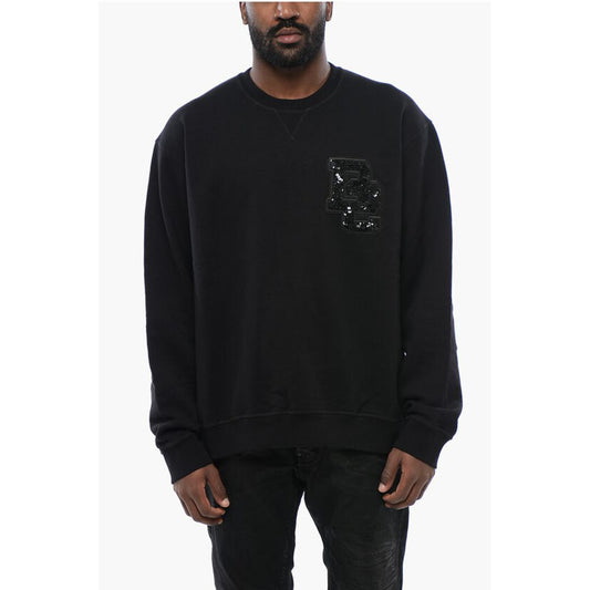 Brushed Cotton Crewneck Sweatshirt With Sequined Logo