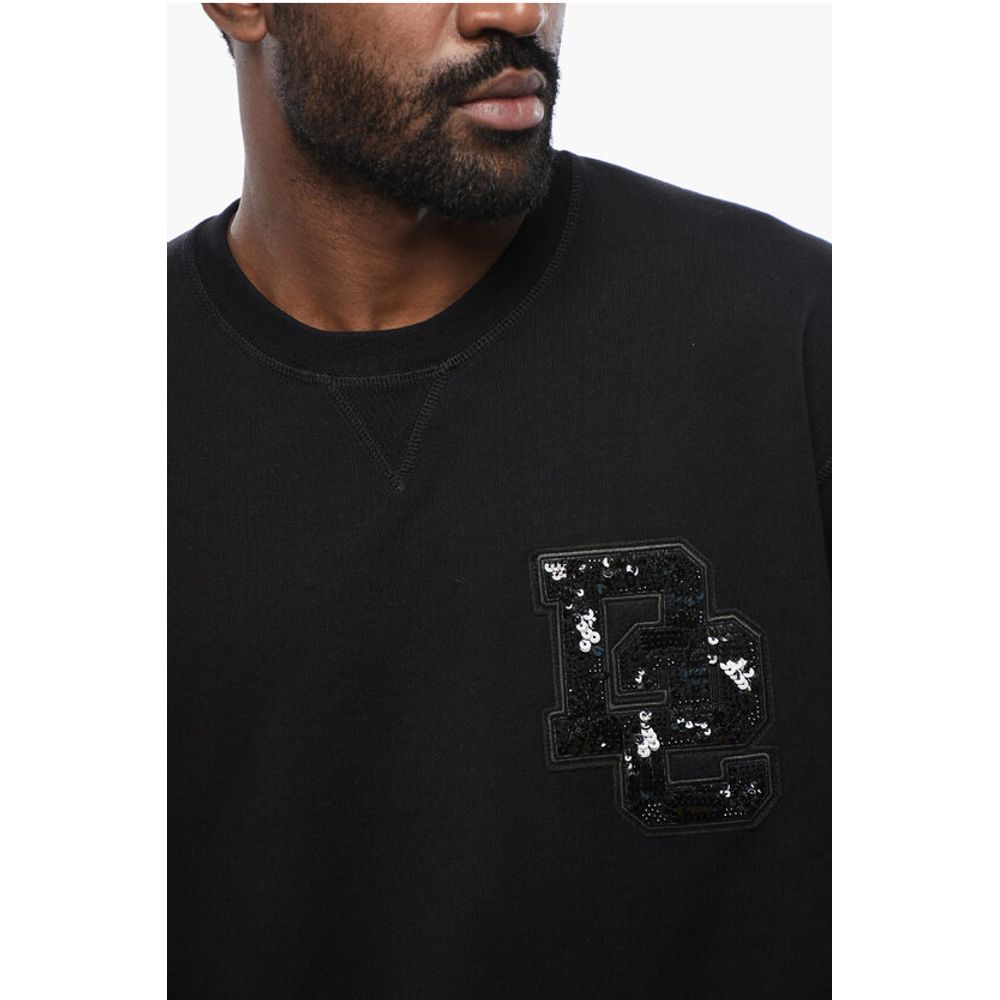 Brushed Cotton Crewneck Sweatshirt With Sequined Logo