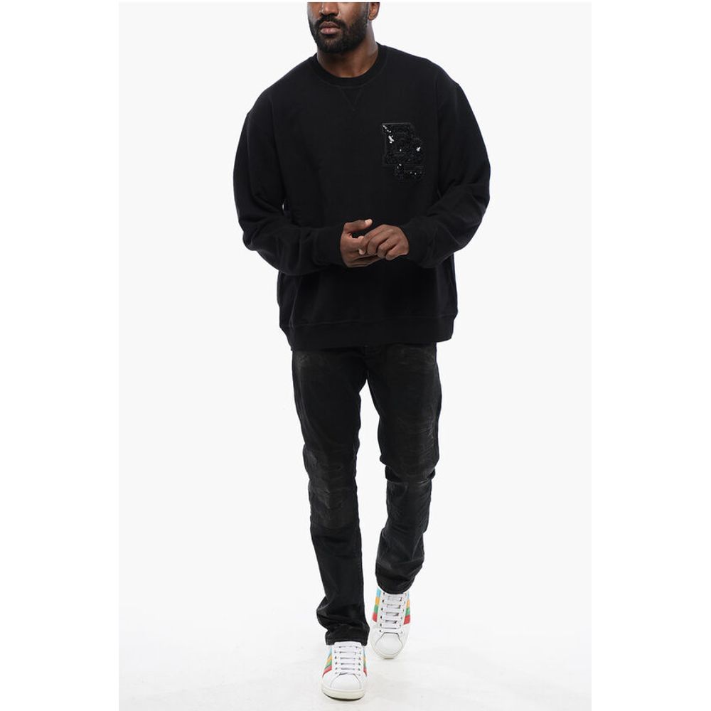 Brushed Cotton Crewneck Sweatshirt With Sequined Logo