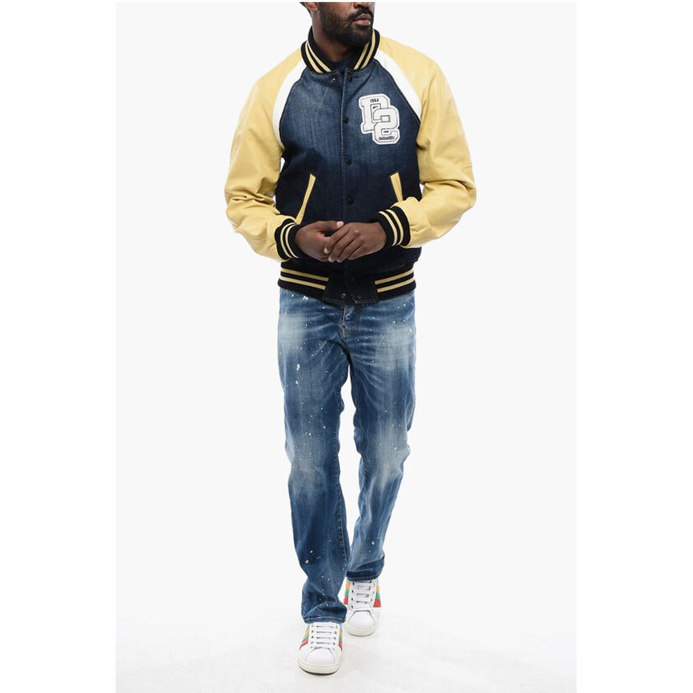 Denim Bomber Jacket with Eco-leather Sleeves
