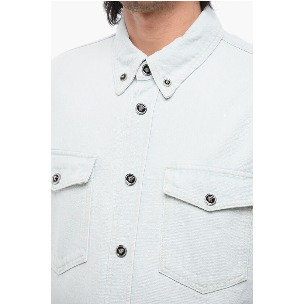 Light Wash Denim Shirt with Logoed Buttons