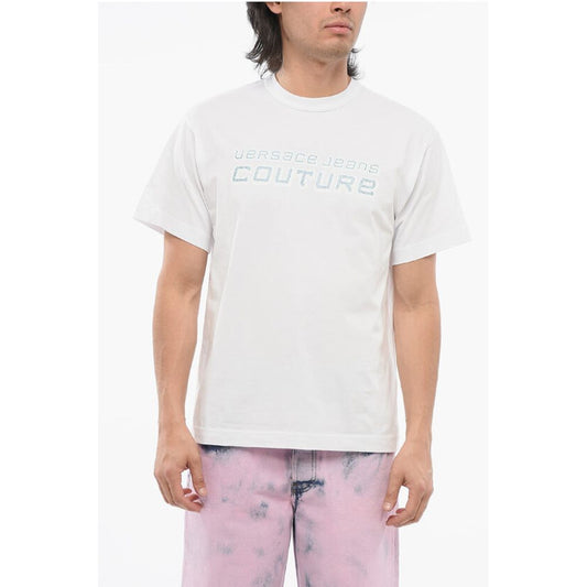 JEANS COUTURE Crew Neck Cotton T-Shir with Rhinestoned Logo
