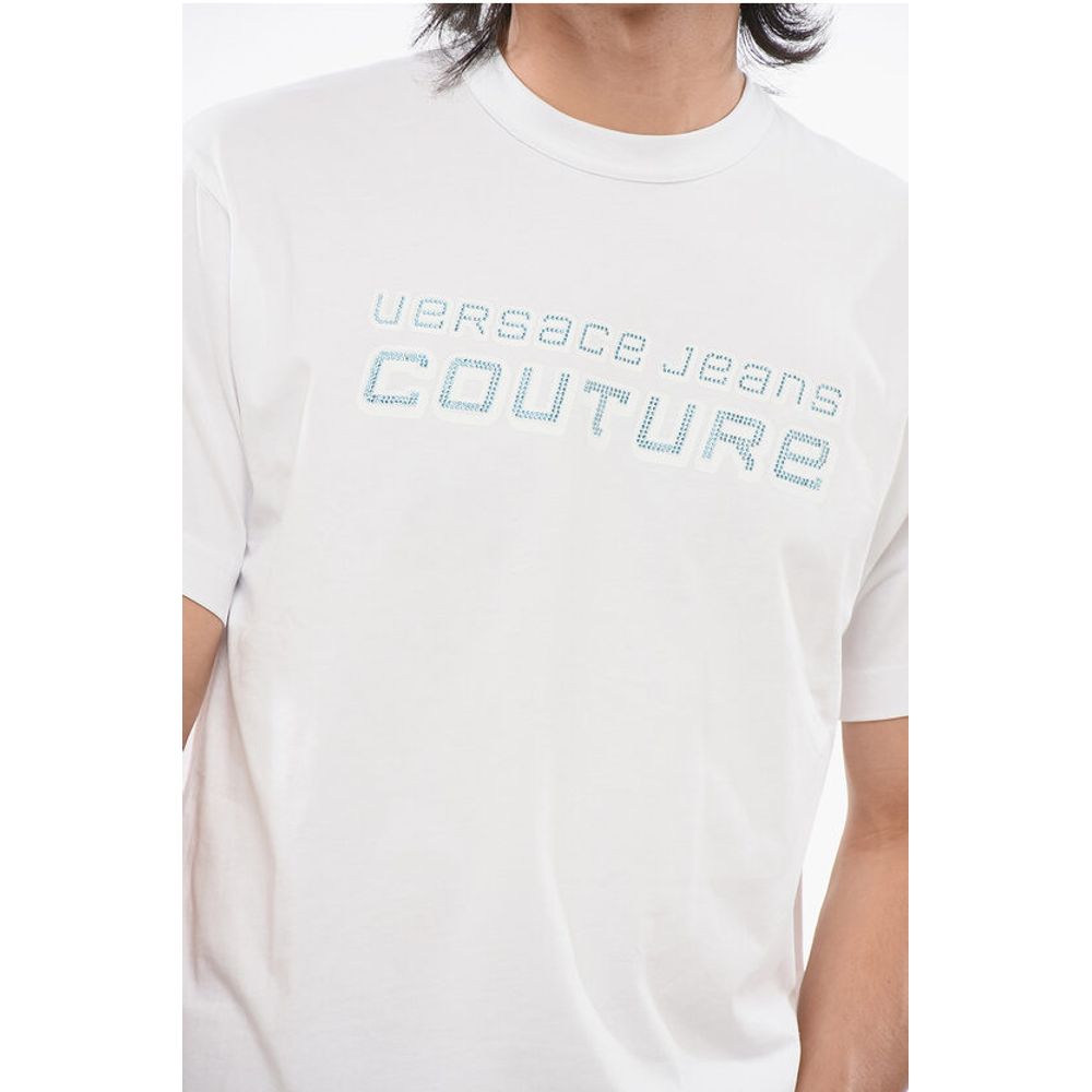 JEANS COUTURE Crew Neck Cotton T-Shir with Rhinestoned Logo