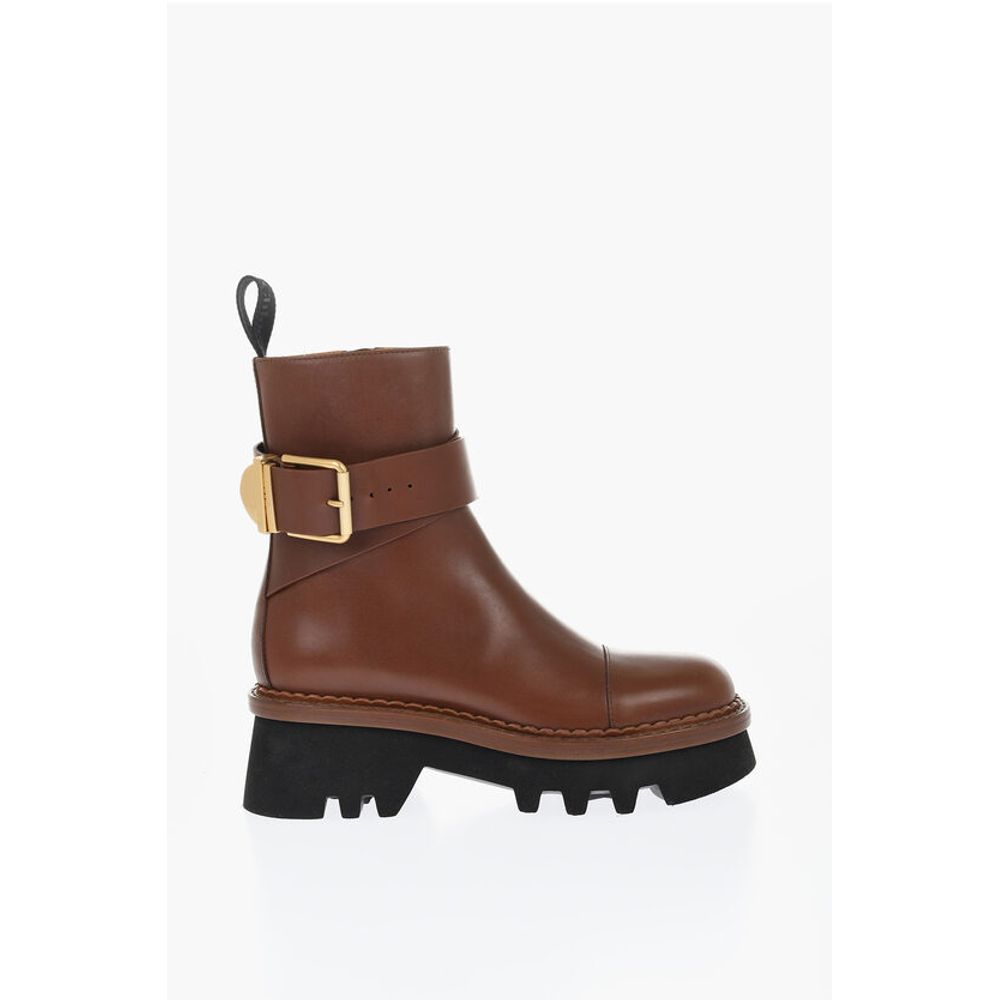 Leather Boots With Buckle Detail And Tank Sole