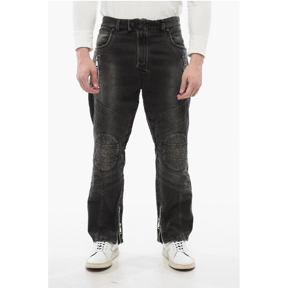 Distressed Straight Denims with Zipped Detail