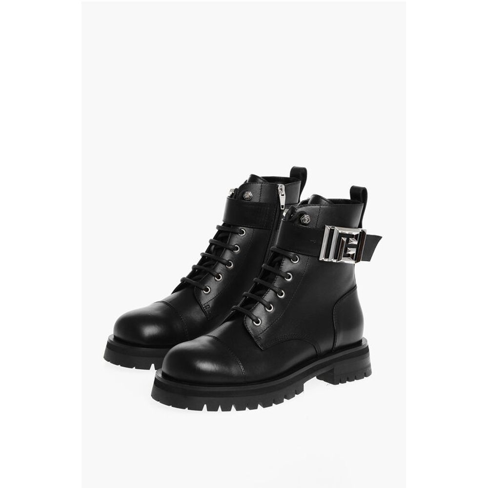 Leather Combat Booties with Ankle Strap and Logoed Buckle