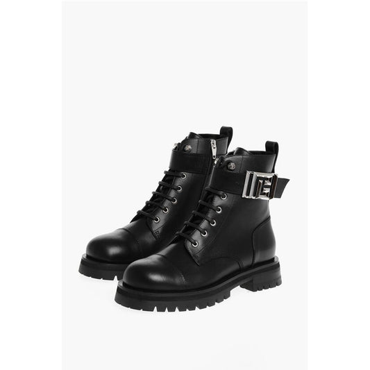 Leather Combat Booties with Ankle Strap and Logoed Buckle