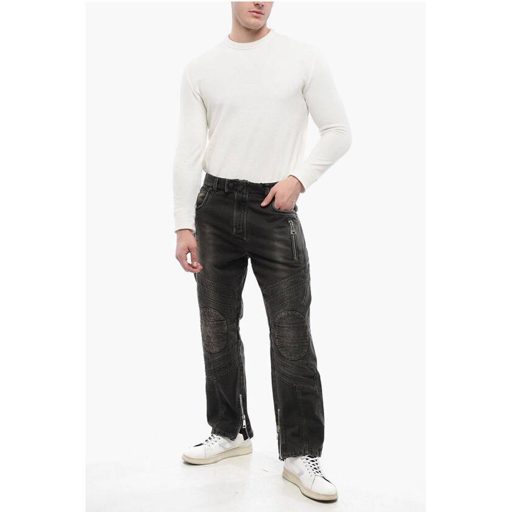 Distressed Straight Denims with Zipped Detail