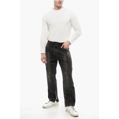 Distressed Straight Denims with Zipped Detail