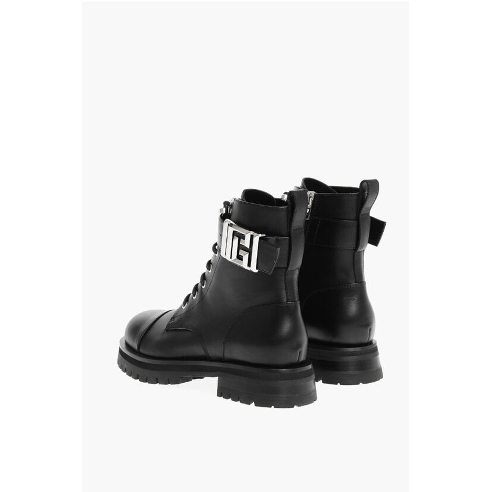 Leather Combat Booties with Ankle Strap and Logoed Buckle