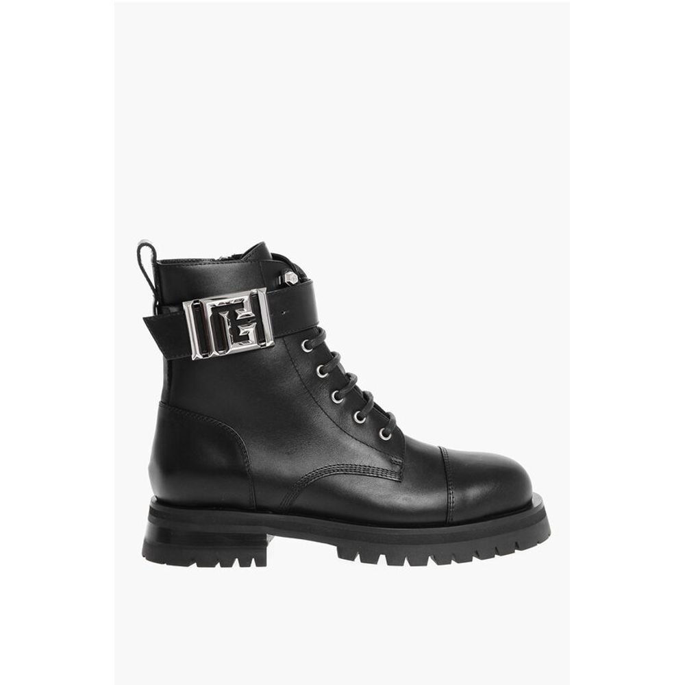 Leather Combat Booties with Ankle Strap and Logoed Buckle