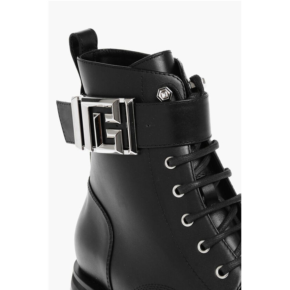 Leather Combat Booties with Ankle Strap and Logoed Buckle