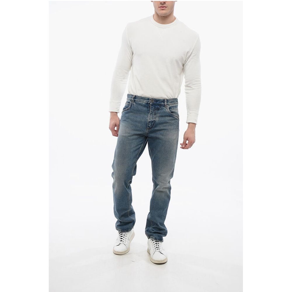 Distressed Straight Denims with Light Wash