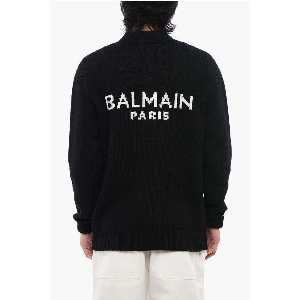 Wool Blend Cardigan with Jacquard Logo
