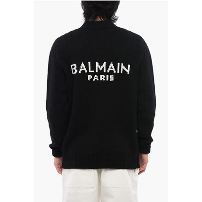 Wool Blend Cardigan with Jacquard Logo