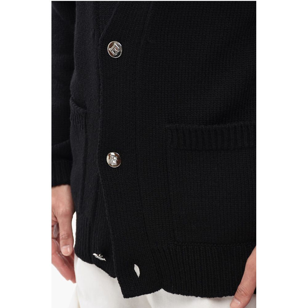Wool Blend Cardigan with Jacquard Logo