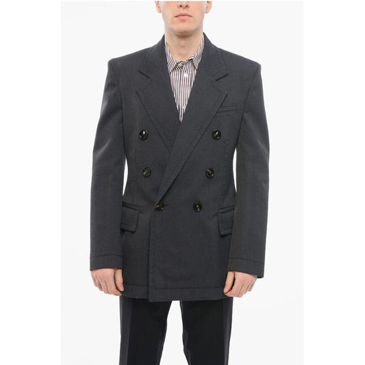 Double-breasted Twill Wool Blazer with Visible Stitchings