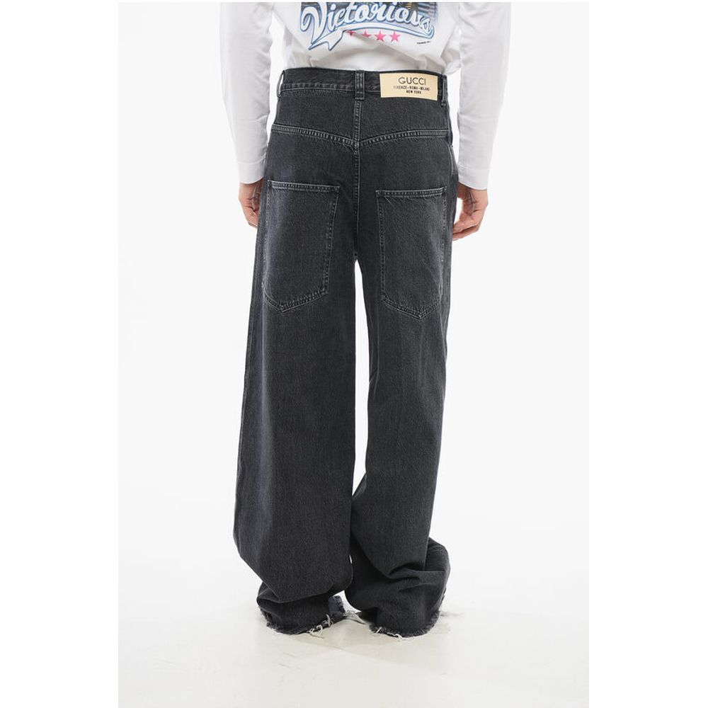 Stone Washed Wide Leg Denims with Fringed Bottom 34cm