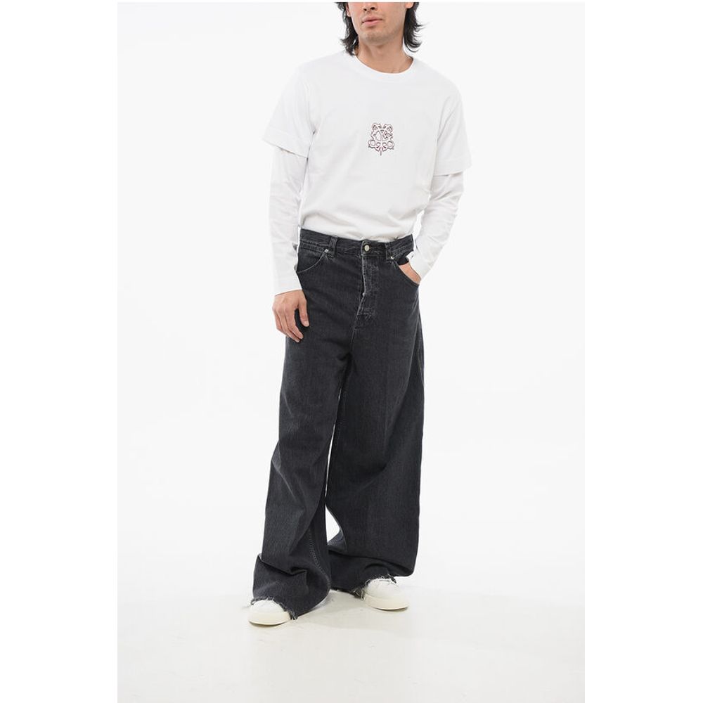 Stone Washed Wide Leg Denims with Fringed Bottom 34cm