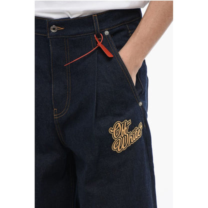 Single-Pleated Baggy Fit Jeans with Embroidered Logo 28cm