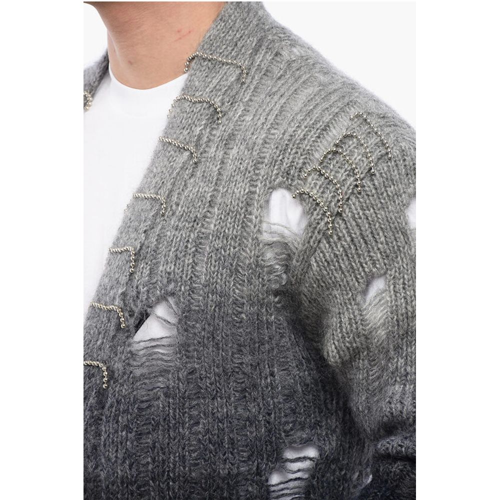Distressed Effect Wool Cardigan With Beads Detail